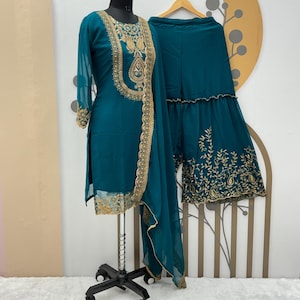 Designer Blue Kurta Sharara with Dupatta Set, Pakistani Sharara 3 Piece Set, Georgette Embroidery Premium Stitched Indian Ethnic Wear Suit