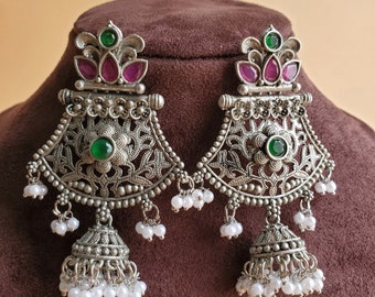 Indian Earrings, Oxidized Black Long Jhumka , Indian Jhumka, Oxidized Silver Indian Earrings, Bollywood Earrings, Gifts, Afghani Earrings