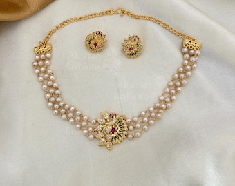 Pearl Choker Necklace Set, Gold Plated Peacock, Indian Bridal Jewelry