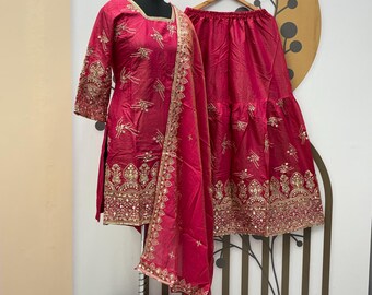 Pink Simmer Silk Kurti Sharara Set: Pakistani Wedding Party Wear