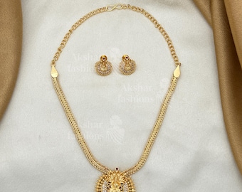 Lakshmi-tempelhangerkettingset, vergulde Indiase bruidssieraden