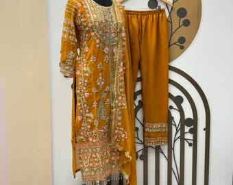 Embroidered Punjabi Suit: Yellow Sharara Kameez, Dupatta Set