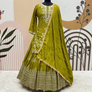 Green Chinnon Silk Lehenga Set: Pakistani Embroidery, Wedding Ethnic Dress