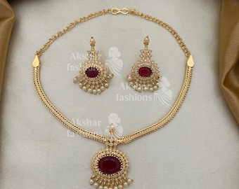Gold Plated Red Stone Necklace Set with Earrings | Indian Bridal Jewelry | Pearl Drop Statement Necklace