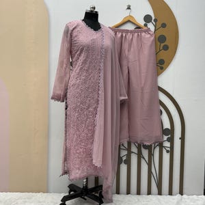 Dark Pink Salwar Kameez: Georgette Palazzo Set with Embroidery