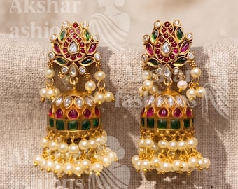 Indian Jhumka Earrings with Pearls, Gold Tone Temple Earrings, Bridal Statement Earrings, Ethnic Jewelry Gift for Women