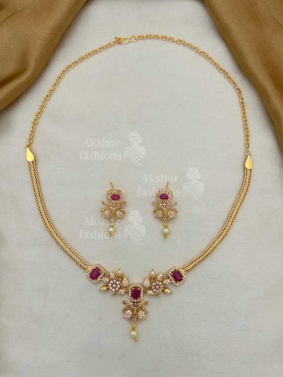 Gold Plated Ruby Necklace Set | Indian Pearl Drop Earrings
