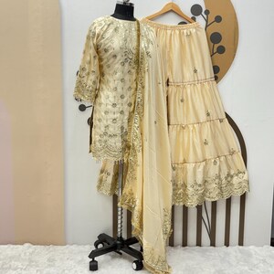 Cream Chinon Sharara Suit: Indian Designer Embroidery, Dupatta & Latkan Dori
