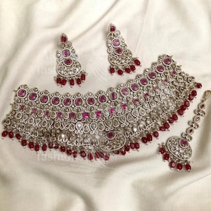Zestaw naszyjnika-chokera w kolorze rubinowego różu, biżuteria ślubna z czerwonymi koralikami, indyjska biżuteria ślubna, naszyjnik w stylu polki z kolczykami