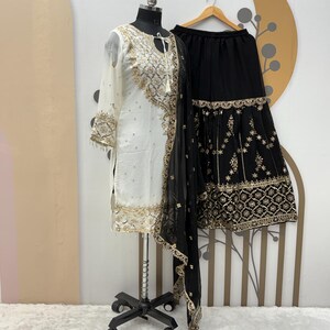 Embroidered Black Georgette Sharara Suit: Indian Partywear Salwar Kameez