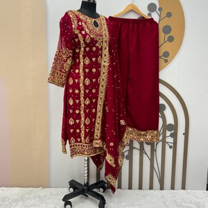 Designer Pakistani Maroon Suit, Women Salwar Kameez, Ethnic Readymade Kurta Pant and Dupatta Set, Pakistani Outfits, Beautiful 3Pc Partywear