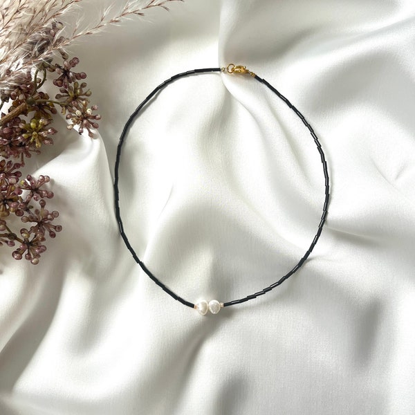 Elegante schwarze Perlenkette mit Süßwasserperlen | Glasperlen | Süßwasserperlen | Choker