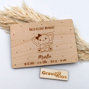 Geburtskarte personalisiert "Hallo kleines Wunder" Pünktchen Querformat | Holzkarte mit großer Auswahl an Tiermotiven Junge oder Mädchen
