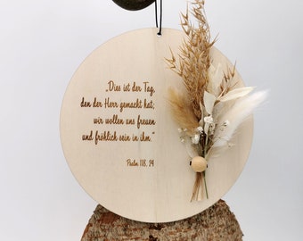 Holzschild mit Trockenblumen | Rundes Holzschild mit Bibelvers oder Wunschtext | Wandschild Holz