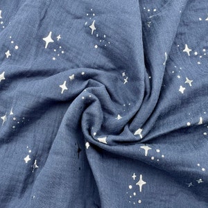 Navy Double Gauze Silver Metallic Stars (Sold per 1/2 meter)