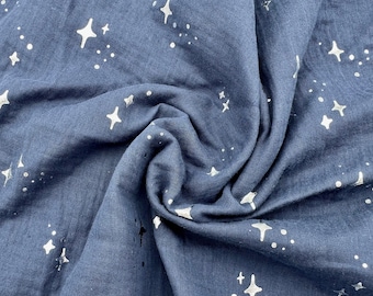 Navy Double Gauze Silver Metallic Stars (Sold per 1/2 meter)