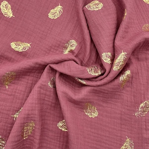 Pink Double Gauze  Gold Metallic Feathers (sold per 1/2 meter)
