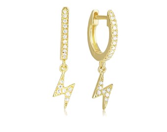 Pave Diamond Earrings | 14k Yellow Gold Earrings | Diamond Lightning Bolt Dangling Hoop Earrings | Solid Gold Hoop Huggie Earrings | JC-4996