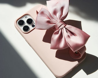 Bowknot Wristlet iPhone Case with Handle | Silicone Fuschia Bow Phone Case with Strap for iPhone 16/15/14/13 Pro Max | Crossbody Strap Case