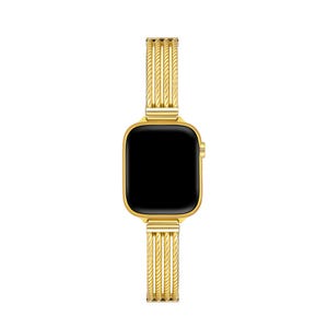 May include: A gold-toned Apple Watch with a braided metal band. The watch face is black and the band is made of multiple strands of metal.