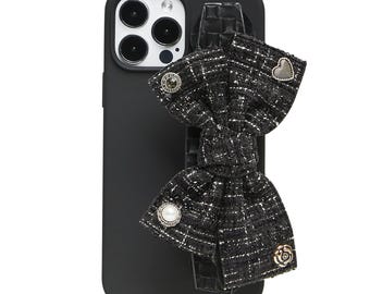 Tweed Bowknot iPhone Case, Plaid Chain Crossbody Strap