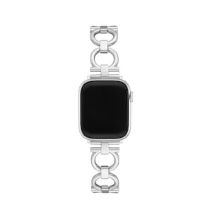 May include: A silver Apple Watch with a silver chain link band.