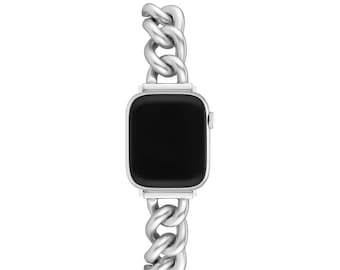 May include: A silver chain link watch band for a smartwatch. The band is made of metal and has a polished finish.