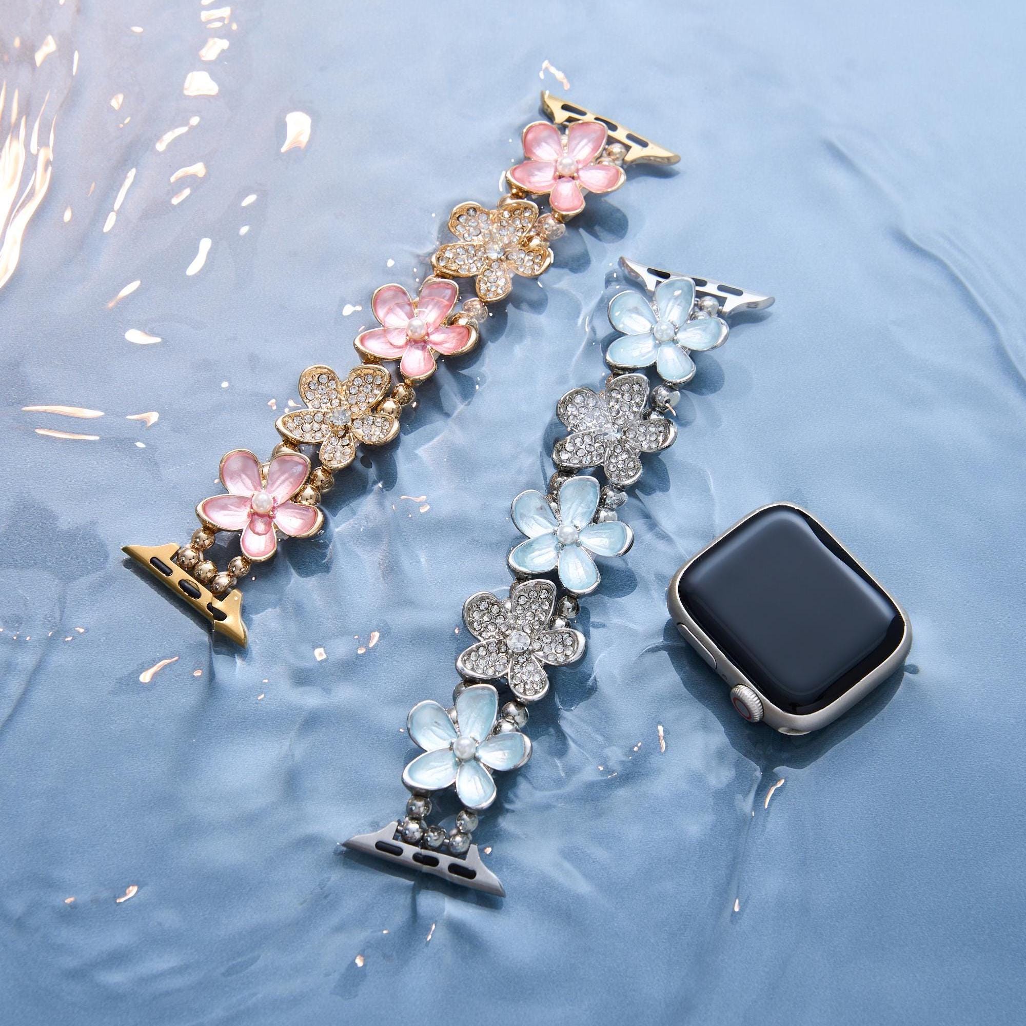 Rhinestone Flower Apple Watch Band | Elastic Beaded Bracelet 