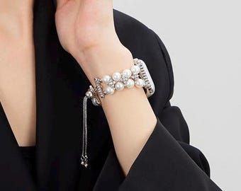 Pearl Rhinestone Apple Watch Band, Beaded Bracelet Strap