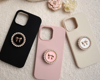 Simple Solid Color Phone Case with Bowknot Grip | Silicone Phone Case for iPhone 16 15 14 13 12 11 Pro Max | Phone Holder |Phone Accessories