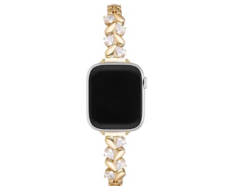 Diamond Heart Apple Watch Band: Gold Metal, Rhinestone Charm Bracelet
