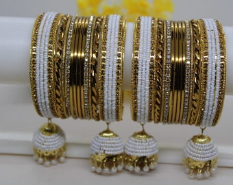 Bangle Set in Golden Color with Pear bangles set or Jumkha !! Perfect Gift for Mother, Sister, Dauther, Girl friend , Weeding collections ,