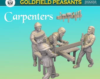 May include: Four miniature figures of carpenters working together to saw a large piece of wood. The figures are painted in a light gray color and are wearing medieval clothing. The figures are part of a set called "Goldfield Peasants Carpenters" by Evocatus Miniature.