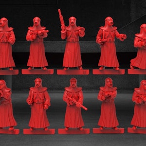 May include: Ten red plastic figures of hooded figures with gas masks and weapons. The figures are standing on a grey surface.