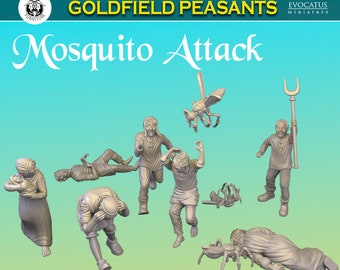 May include: A set of 9 unpainted plastic miniatures depicting a group of people reacting to a mosquito attack. The figures are in various poses, including running, cowering, and swatting at the air. The set includes a large mosquito, a spider, and a person holding a staff.