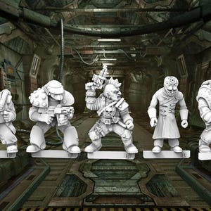 May include: Five unpainted white resin miniature figures standing in a row. The figures include a stout armoured character, a soldier with a helmet, a punk-styled warrior with a mohawk holding a pistol, a robed figure, and a soldier with a large backpack.