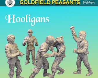 May include: A group of five gray miniature figurines depicting peasants in various action poses. The figurines are labeled "Goldfield Peasants" and "Hooligans". The background is a gradient of light blue and teal.