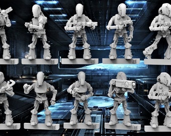 May include: A set of ten gray plastic miniature figures of robots with different poses and weapons. The robots are standing on a white base.