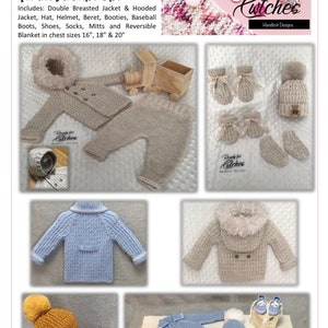 May include: A set of knitted baby clothes in blue and beige, including a jacket, hat, booties, and a blanket. The set is called "Alistair Aran Jacket set" and includes sizes 16, 18, and 20 inches.
