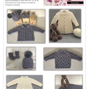 May include: A knitting pattern for a baby aran coat set, including a jacket, coat, hat, shoes, boots, and blanket. The pattern is available in three sizes: 20 inches, 22 inches, and 24 inches. The pattern includes instructions for a girls' version of the jacket and pom-poms.