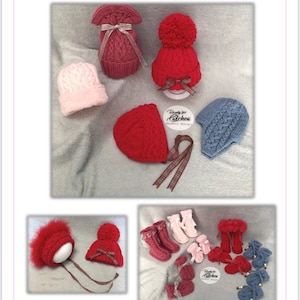 May include: A collection of handmade knitted baby hats and booties in various colors, including red, pink, blue, and gray. The hats feature different styles, such as pom-poms, bows, and ear flaps. The booties are also in various styles, including some with fur trim. The image includes the text "Dandy for Stitches Handmade Designs".