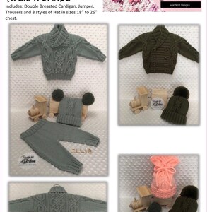 Puede incluir: Un conjunto de ropa de bebé de punto en verde y marrón, que incluye un cárdigan con cuello de chal, un jersey, pantalones y tres estilos de gorros. El texto "Ready for Cwtches Handknit Designs" está en la parte inferior de la imagen.