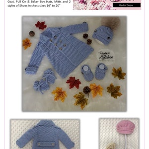 Op de afbeelding: Een gebreide babyjasset in blauw met een bijpassende muts, wanten en schoentjes. De set is gemaakt voor een baby met een borstomvang van 35 tot 50 cm. De afbeelding bevat de tekst "Dyn Bach (Little Man) Coat Set In DK" en "Ready for Cwtches Handknit Designs".