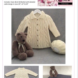 May include: A white aran knit coat set for babies, including a coat, beret, and blanket. The set features a cable knit design and is available in sizes 20, 22, and 24 inches. The image shows the coat, beret, and blanket laid out on a white surface with a teddy bear.