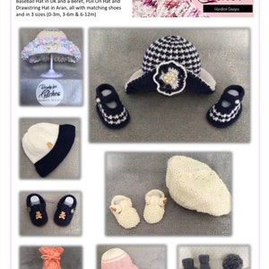 Puede incluir: Un conjunto de gorros y patucos de bebé tejidos a crochet en varios colores y estilos, incluyendo un gorro blanco, un gorro de sol rosa y blanco, un gorro gris y un gorro con estampado azul y blanco. Los gorros y patucos están dispuestos en una cuadrícula sobre un fondo blanco. El texto "Ready for Cutches" es visible en la esquina superior derecha de la imagen.