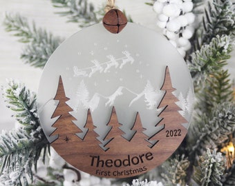 Personalized First Christmas Ornament Wood with Frosted Acrylic