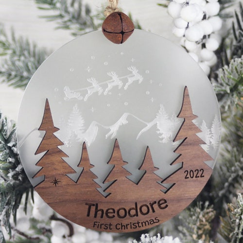 Personalized First Christmas Ornament Wood with Frosted Acrylic