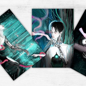 Postkarte 3er Set | Dunkler Cyberpunk| Froschgie Original Illustration