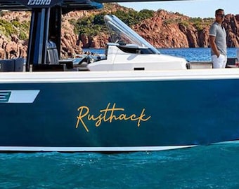 Bootsnamenaufkleber mit charakteristischer Schriftart, personalisierter Ponton-Aufkleber