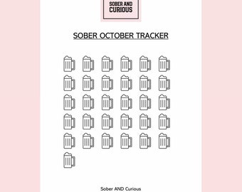 May include: A pink and white Sober October Tracker with beer mug icons. The text "SOBER OCTOBER TRACKER" is displayed above the icons. The image also includes the text "SOBER AND CURIOUS" and Instagram handle.